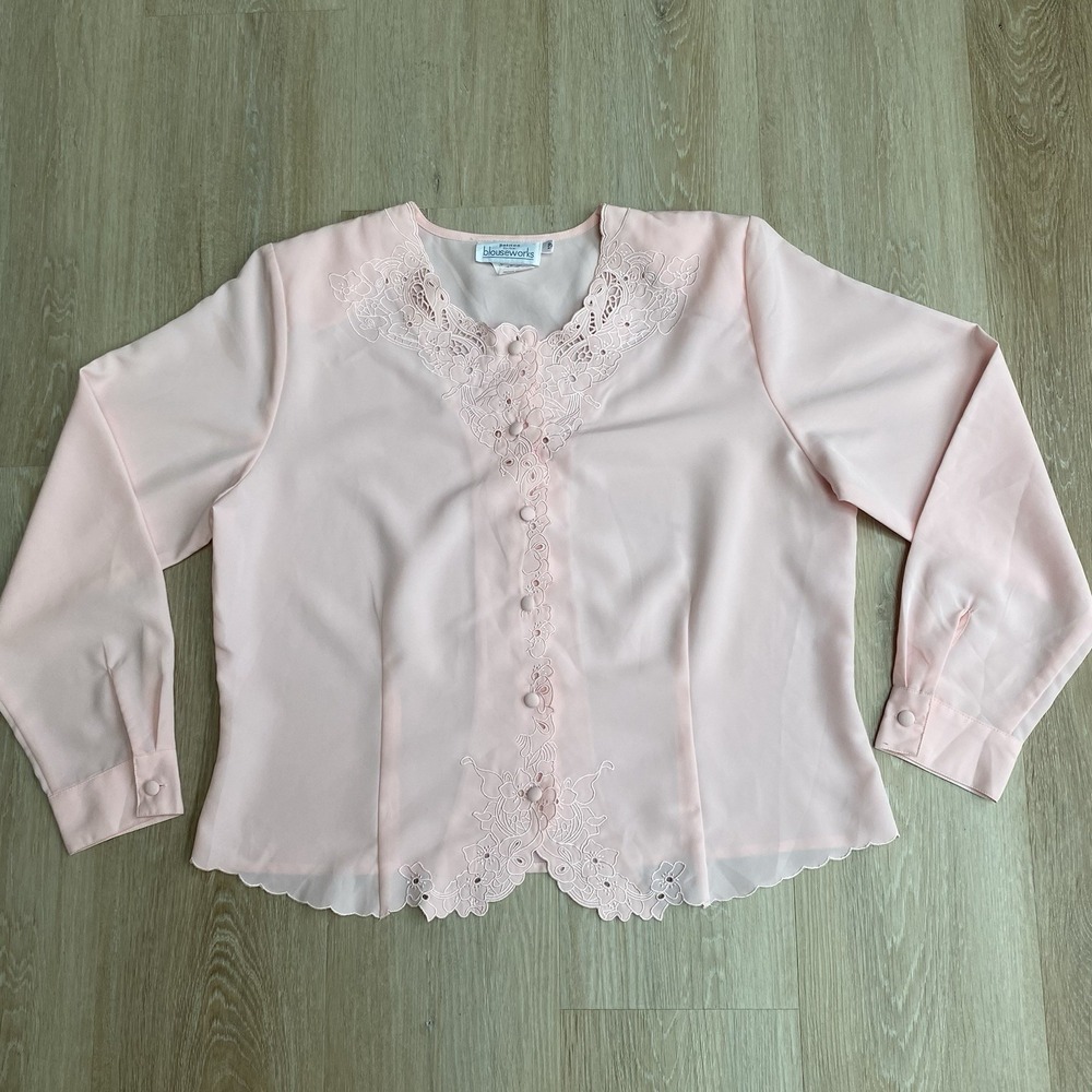 VTG Blouseworks Pink Embroidered Eyelet Lace Cutout Scalloped Hem Blouse SZ 12P